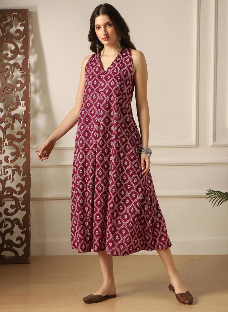 Globus Women Burgundy Floral Print V-Neck Back Twisted Knot Style Flared Hem A-Line Midi Dress - Image 1